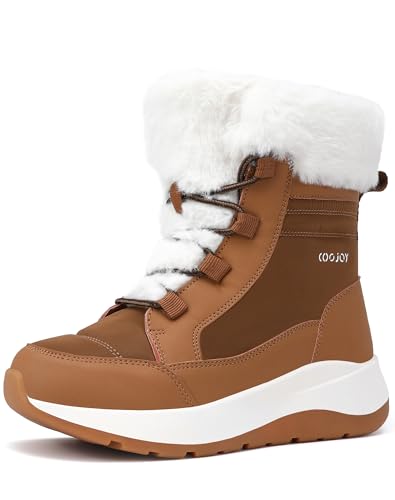 COOJOY Women's Winter Snow Boots Waterproof Faux Fur Ankle Booties Fuzzy Lightweight Ladies Comfortable Warm Outdoor Walking Boots Chestnut,8