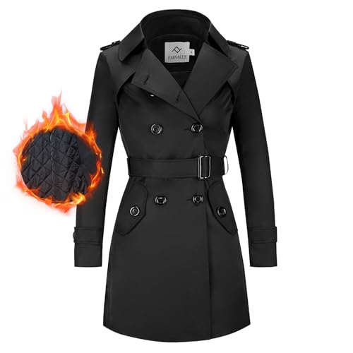 FARVALUE Wasserdichter Trenchcoat für Damen, Winter, zweireihig, Windbreaker, klassischer Revers mit Gürtel, Schwarzes Baumwollfutter, XXL