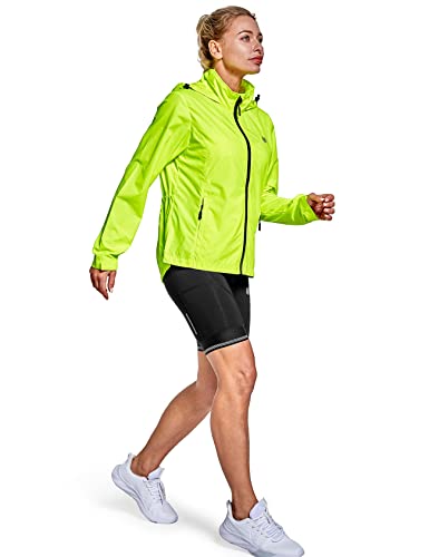 FitsT4 Damen Fahrradjacke Radfahren Laufen Jacken Leichtgewicht Wasserdicht Windbreaker Wanderjacke Reflektierend Trekking Regenjacke mit Kapuze,Fluorescent Gelb,XL