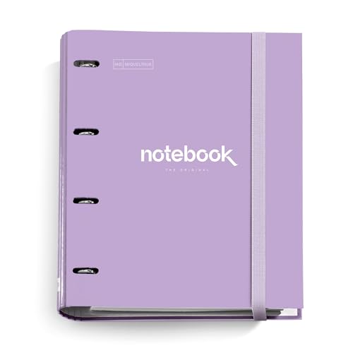 Miquelrius - Ringordner A4 Emotions Ringbuchordner mit 4 Ringen + kariertes Nachfüllpapier 90 g/m Gummibandverschluss Ringbuch Büro Zubehör Schul Lavendel