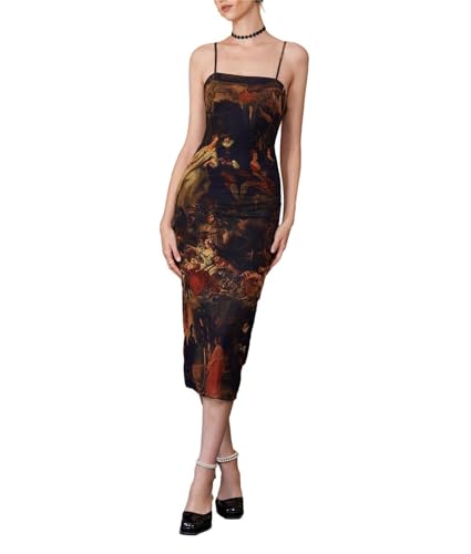 Image of Milumia Women's Oil Painting Mesh Bodycon Cami Dress Spaghetti Strap Lettuce Trim Long Dresses