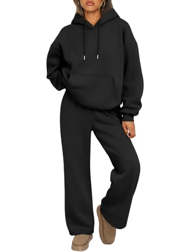 Trendy Queen Womens 2 Piece Outfits Lounge Fall Fashion Sets Oversized Sweatshirts Wide Leg Pants Sweatsuits Winter Clothes Black M