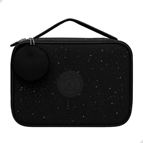 Estojo Escolar Box Grande, com Pompom, Glitter, Alça e Zíper, 29 Elásticos para canetas, lapiseiras ou lápis | Volta as Aulas, Material Escolar, Papelaria Fofa Criativa 23x15cm (Preto)