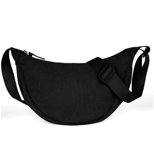 Aucuu Bolso Bandolera Para Mujer, Media Luna Impermeable Bolso Bandolera Pana, Casual Ligero Bolsa Crossbody Mujer con Correa de Hombro Ajustable, para Viaje, Compras, Escuela, Oficina-Negro