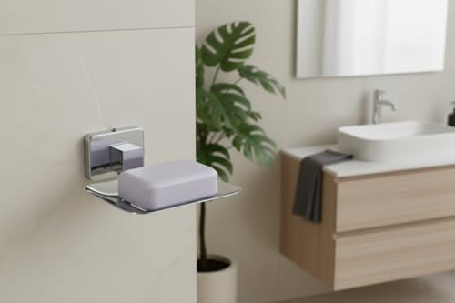 Image of EASYHOME FURNISH Premium Stainless Steel Soap Dish Holder for Bathroom & Kitchen - Wall Mounted Square Soap Stand with Chrome Finish - Rust Proof, Anti-Corrosion Heavy Duty Soap Case Saver