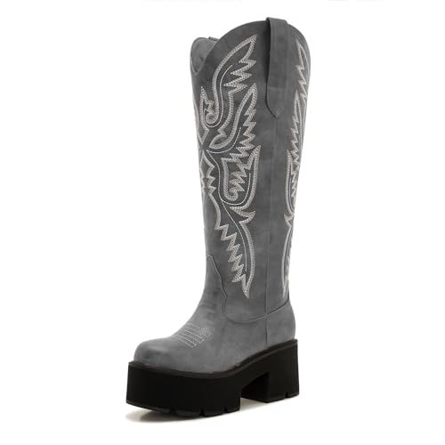 Image of Uillnoodu Wide Calf Cowboy Boots Women Adjustable Lace Up Knee High Tall Plus Size Cowgirl Boots Western Style Comfortable 2-Inch Heel