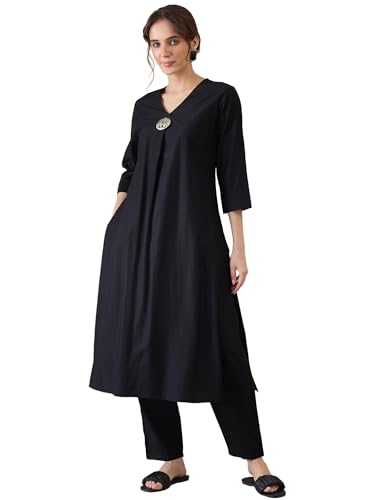Image of INDO ERA Women's Viscose Solid A-Line Calf Length Kurta & Pant Set (IESTR12352)