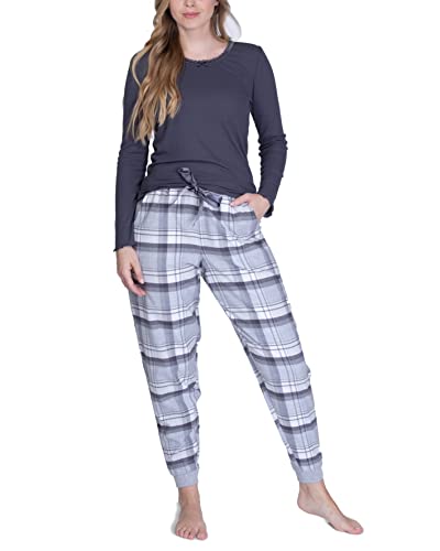 maluuna Pijama con pantalón y puños de Franela para Mujer (Antracita, XL)