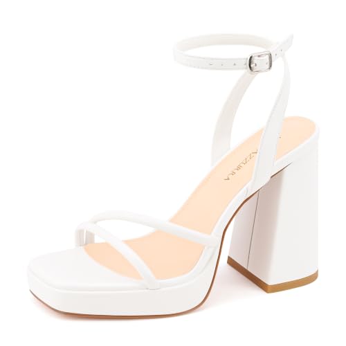 Image of MIRAAZZURRA Platform Strappy Heel Sandals Square Open Toe Two Strap Chunky High Heeled Sandals with Buckle Ankle Strap for Women Party Wedding Dress