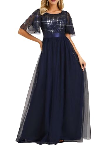 Ever-Pretty Damen Abendkleid A-Linie Spitze Kurze Ärmel Partykleid lang...