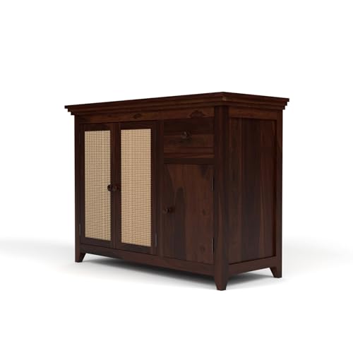 Image of PS DECOR Solid Sheesham Wood Sideboard Cabinet with Rattan Cane Doors & Storage Drawer | Multipurpose Storage Unit for Living Room & Dining Area (B-Walnut Finish)