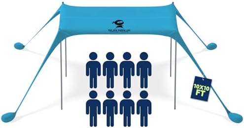 SUN NINJA Beach Tent Sun Shelter UPF50+ - Easy Pop Up Beach Canopy - Outdoor Shade for Camping Trips, Fishing, Backyard Fun Picnics - Sand Shovel, Ground Pegs & Stability Poles