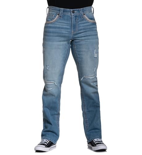 Affliction Men's Distressed Denim Jeans, Light Blue Wash, Straight Leg, Decorative Back Pockets, Ripped Design2