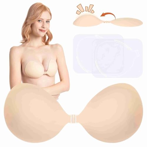 Sticky Bras Adhesive Push up Bra Backless Strapless Invisible Bra Stick on Reusable Silicone for Women Dress Breast Lift D Cup Nude
