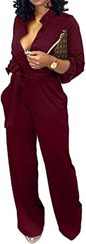 SeNight Women's Sexy V Neck Solid Color Jumpsuits Elegant Long Sleeve Button Down Straight Long Pants Business Romper with Pockets Belt Burgundy