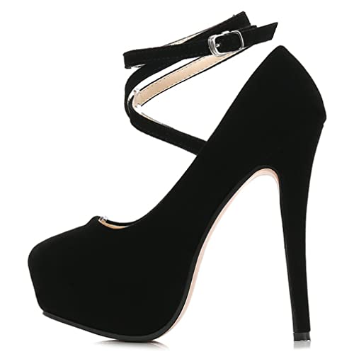 KISSASA Womens High Heel Stiletto Round Toe Ankle Strap Pumps Faux Suede Mary Jane Platform Heels4