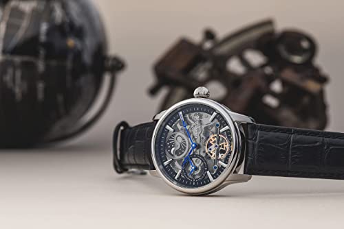 Thomas Earnshaw Mens 44mm Longitude Dual Time Automatic Skeleton Watch with Genuine Leather Strap ES-8063