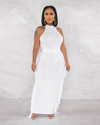 2 Piece Outfits for Women Sexy Halter Neck Sleeveless Crop Tops Ruched Bodycon Dresses Jumpsuits Fringe Skirt Sets4