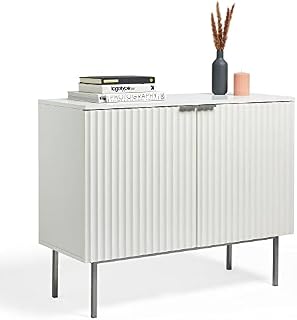 VonHaus White Sideboard - Modern 2 Door Cabinet for Living Room & Lounge - Minimalist Storage Cupboard w/Ridged Design & Silver Metal Legs for Hallway - Roma