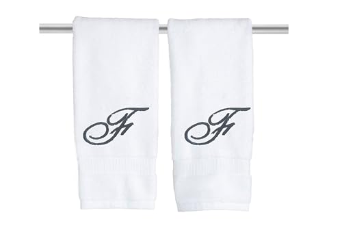 Decorvo White Monogrammed Hand Towels for Bathroom - Luxury Hotel Quality Personalized Initial Embroidered Towel for Powder Room, Spa - GOTS Organic Certified - Set of 2 Dark Gray Letter F