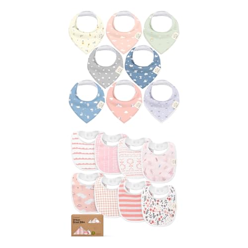 KeaBabies 8-Pack Baby Bandana Drool Bibs and 8-Pack Baby Bibs for Girls & Boys - Cotton Cloths for Toddlers Boys, Girls - Absorbent Teething and Drool Catcher
