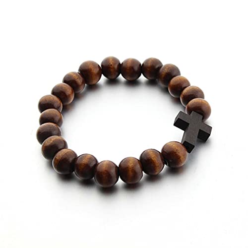 Forubus Wooden Cross Wood Beaded Bracelet For Women Men Religious Christian Jewelry Pray Baptism-Dark thumb #1
