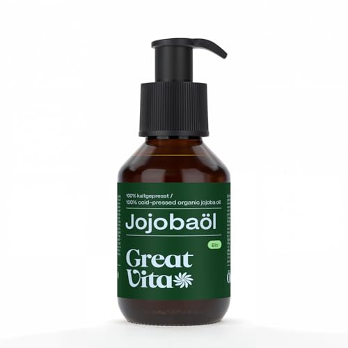GreatVita Bio Jojobaöl Gold 100 ml mit Pumper | 100% rein & kaltgepresst - Feuchtigkeitspflege für Haut & Haare | Trägeröl für Massage & Aromatherapie - trockener Haut & Kopfhaut