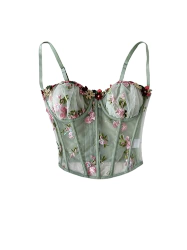 MakeMeChic Women's Floral Mesh Corset Sheer Top Spaghetti Strap Going