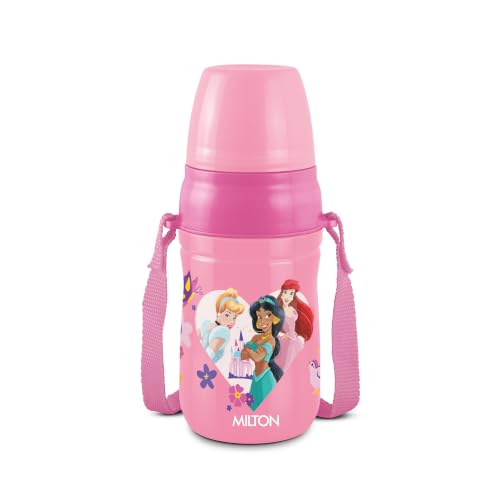 Image of MILTON Disney Kool Cheer 400 Plastic Insulated Thermo Water Bottle with Straw for School Kids I Food Grade, Leak Proof Lid with Hands Free Sipper, Easy to Carry Loop, Picnic, BPA Free, 390 ml, Pink