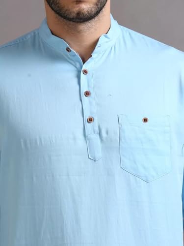 Image of DEEMOON Men's Cotton Blend Full Sleeve Short Kurta with Mandarin Collar Crafted from a Premium Cotton Blend