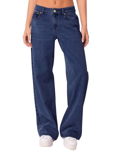 NIMIN Vintage Jeans for Women Mid Rise Straight Wide Leg Denim Pants Vintage Baggy Boyfriend Y2K Pants Slacks Dark Blue Large