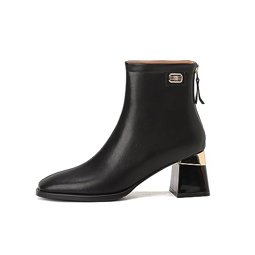 TinaCus Women's Genuine Leather Handmade Mid Block Heel Back Zip Up Ankle Boots