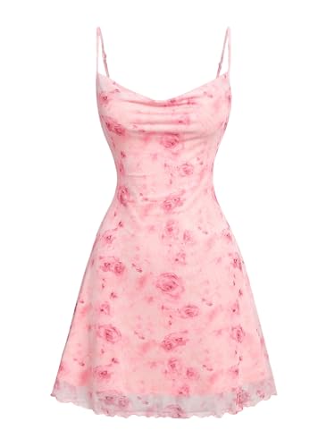 GORGLITTER Girl's Floral Dress Mesh Sleeveless Mini Dresses Cowl Neck Strappy Short Dresses Cute Coquette Summer Dress