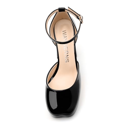 WAYDERNS Black Platform Heels for Women Block High Heel Patent Leather Closed Square Toe Ankle Strap 4.3 Inch Pumps Fashion Wedding Evening Party Dress Shoes Size 7.53