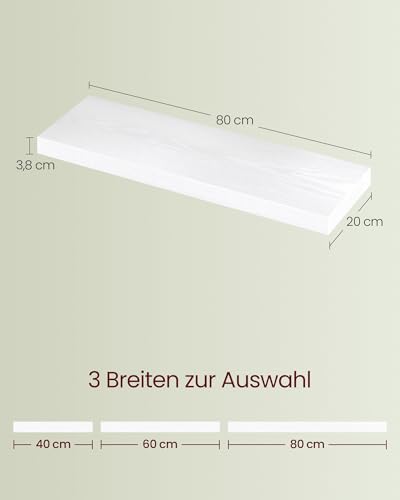 VASAGLE Wandregal, Schweberegal, Regalbrett, 20 x 80 x 3,8 cm, Wandboard für Bilderrahmen, Deko, Regal für Wohnzimmer, Arbeitszimmer, Küche, schneeweiß LWS028WE01