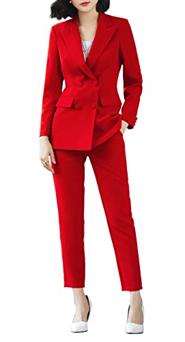 LISUEYNE Womenâ€™s Two Pieces Blazer Office Lady Suit Set Work Blazer Jacket and Pant (Red, Large)