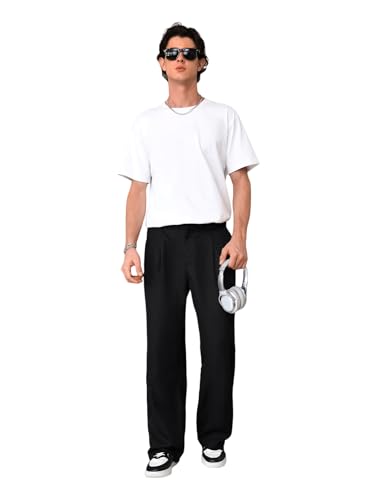 OYOANGLE Men's Pleated Mid-Rise Straight Leg Pants Loose Fit Casual Dress Pants with Pockets