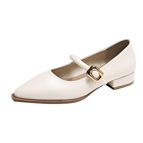 Women's Leather Pointed Toe Low Heel Mary Jane Shoes with Adjust Metal Buckle Comfortable Slip-On Dress Shoes for Office Party Walking Formal