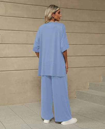 Image of KevaMolly 2 Piece Lounge Set for Women Postpartum Oversized Tops and Wide Leg Pants Soft Comfy Pajamas Set 2 Piece Outfits