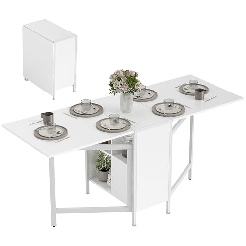 HOMCOM Mesa Plegable de Comedor, Mesa de Cocina Plegable, con Alas Abatibles, 4 Compartimentos, 3 Formas, hasta 4 Personas, para Salón, Espacio Pequeño, 169x60x75 cm, Blanco