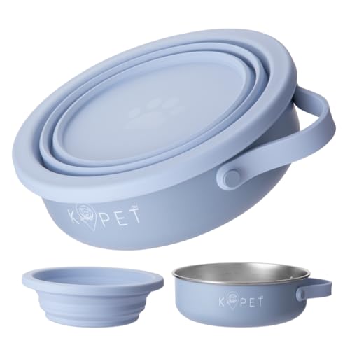 KPET Mangeoire et abreuvoir pliable 2 en 1 pour chien et chat - Bol portable en acier inoxydable et bol pliable en silicone idéal pour voiture, voyage,...