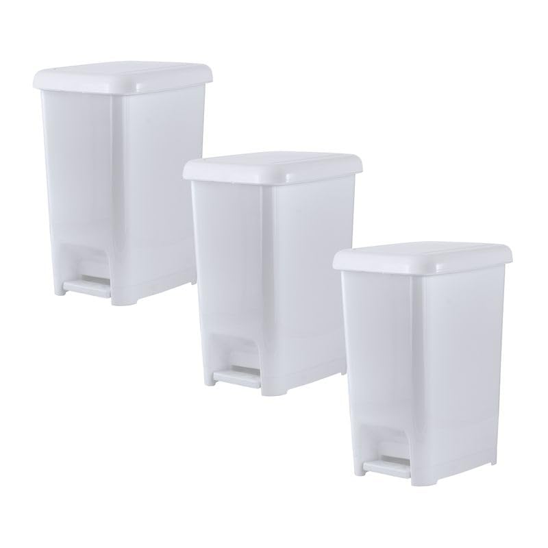 Superio Slim Step On Pedal Plastic Trash Can, Waste Bin for Under Desk, Office, Bedroom, Bathroom, Kitchen (2.5 gal) (White Smoke 3 Pack)