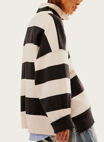 Image of Women's Oversized Quarter Zip Sweater Trendy Color Block Striped Y2K Pullover Cozy Loose Knit Fall Tops