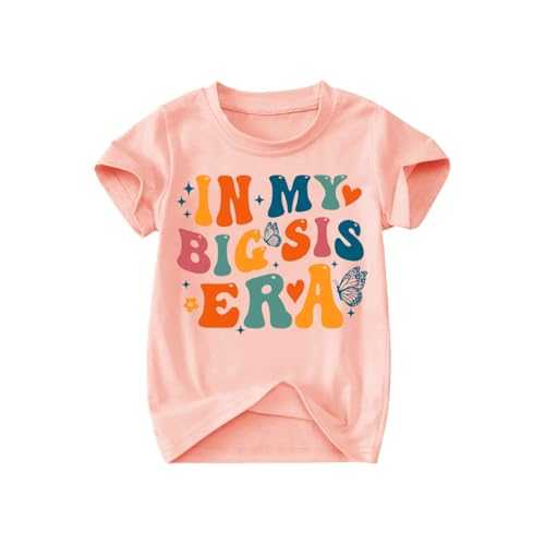 SANIXJOO Toddler Big Sister Tee in My Big Sis Era Graphic T-Shirt Kids Girls Announcement Crewneck Shirts Sibling Reveal Tops(Peach Pink,4-5T)