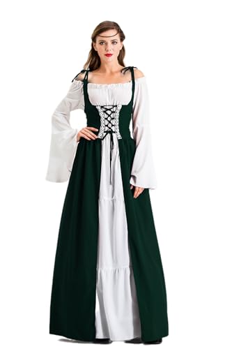 Velcoxplay Vestido renascentista para mulher, vestido medieval com mangas de trompete medieval, traje de rainha vitoriana de tamanho grande verde M