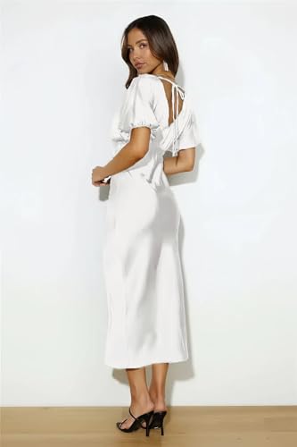 Image of Summer Satin V Neck Puffy Sleeves Empire Waist Midi Dresser Silk Sexy Tie Back Formal Cocktail Dresser for Women Wedding