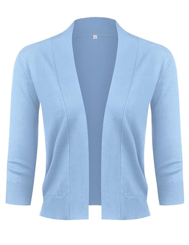 Image of URRU Women's Classic 3 /4 Sleeve Open Front Cropped Cardigan Sweater Lightweight Knit Short Shrugs
