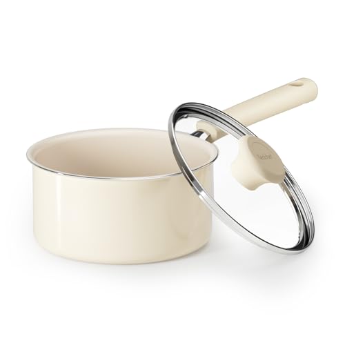 Redchef Ceramic Nonstick Saucepan with Lid,16cm Small Cooking Pot, Non Toxic Sauce Pans for Kitchen, Cool Handle PFAS Free Compatible with All Cooktops, White