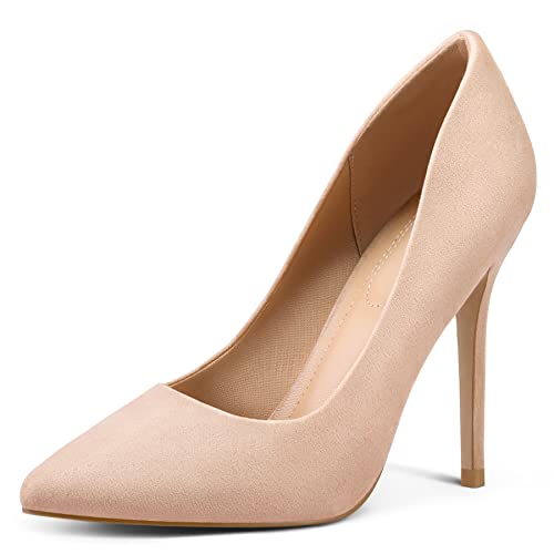mysoft Women's High Heels Pumps Closed Pointed Toe Stiletto 4IN Heels Dress Wedding Shoes Nude Suede