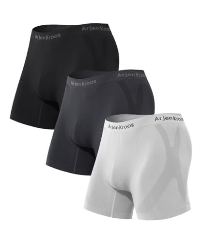 Arjen Kroos Mens Seamless Boxer Briefs 3 Pack Anti-Chafing Performance Shapewear-Moisture Wicking 4-Way Stretch Underwear